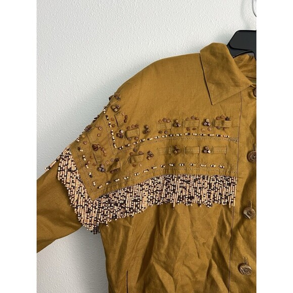 VTG Linen Beaded Cropped Oversized Jacket Mustard ButtonUp Cowgirl Boho Western - Picture 2 of 15